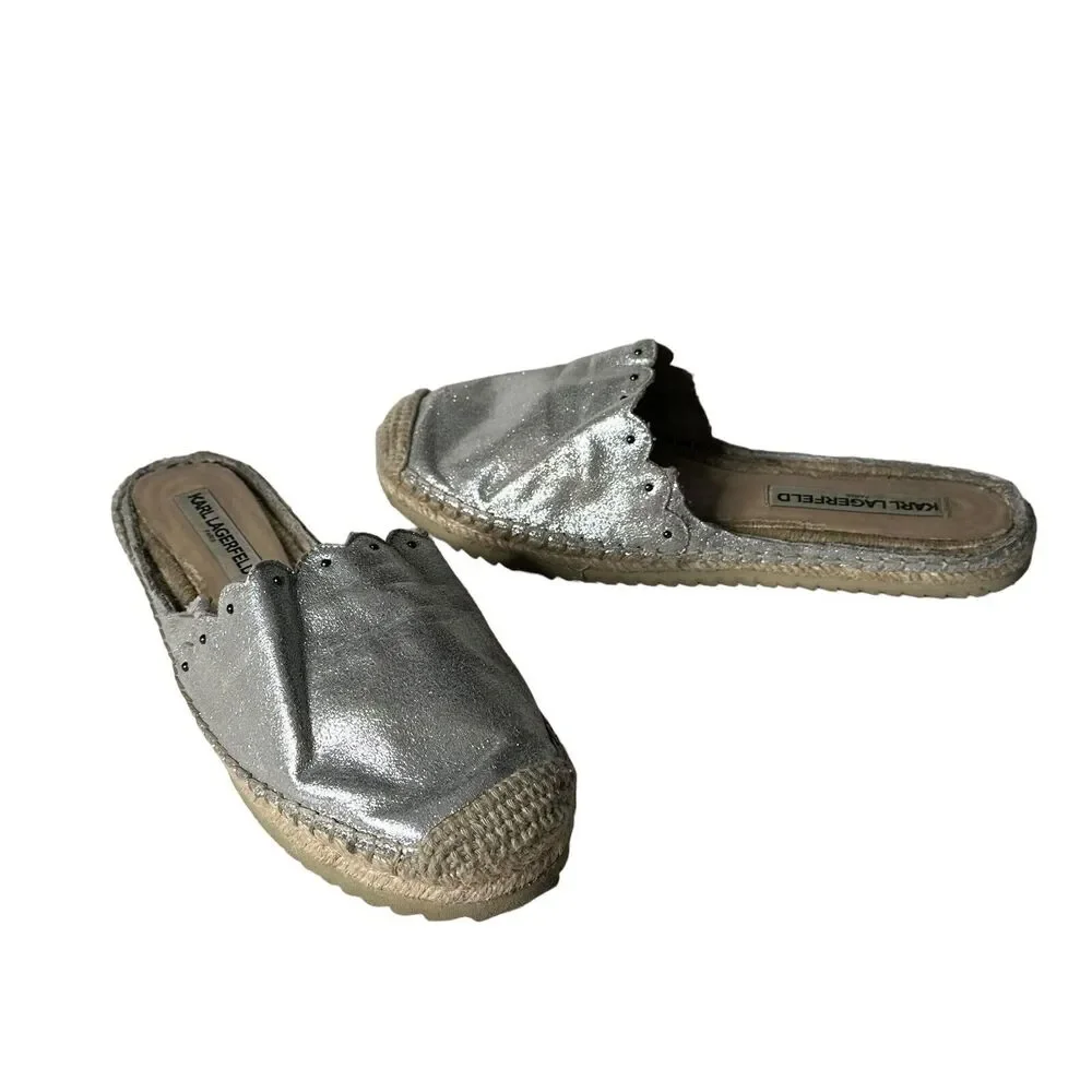 Karl Lagerfeld‎ Metallic Silver Espadrille Slides Slip on Shoes Women Size 7.5